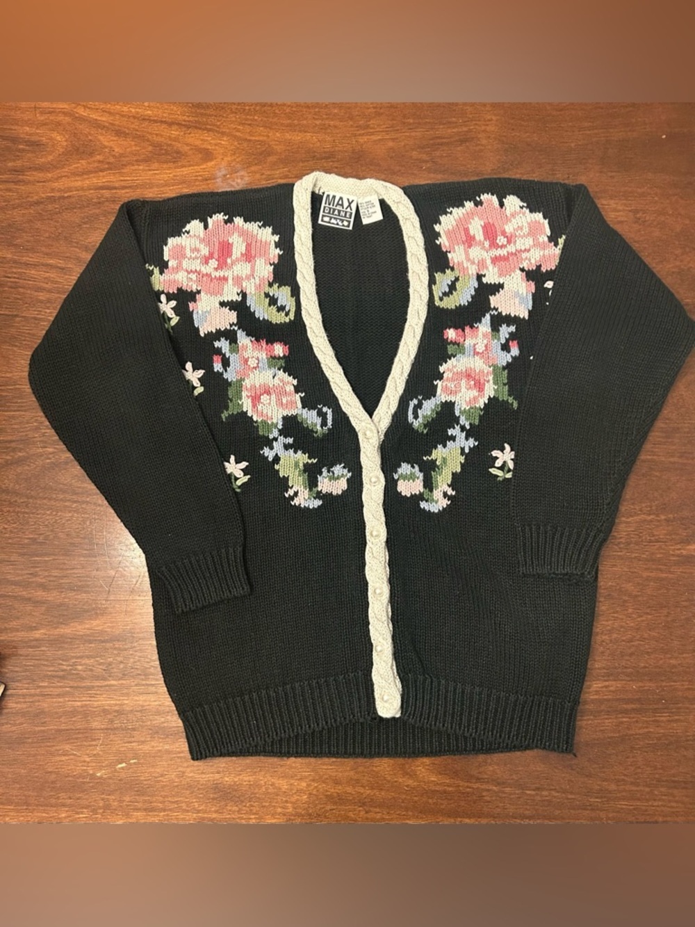 Vintage Black Floral V-Neck Cardigan Sweater with Cream Trim